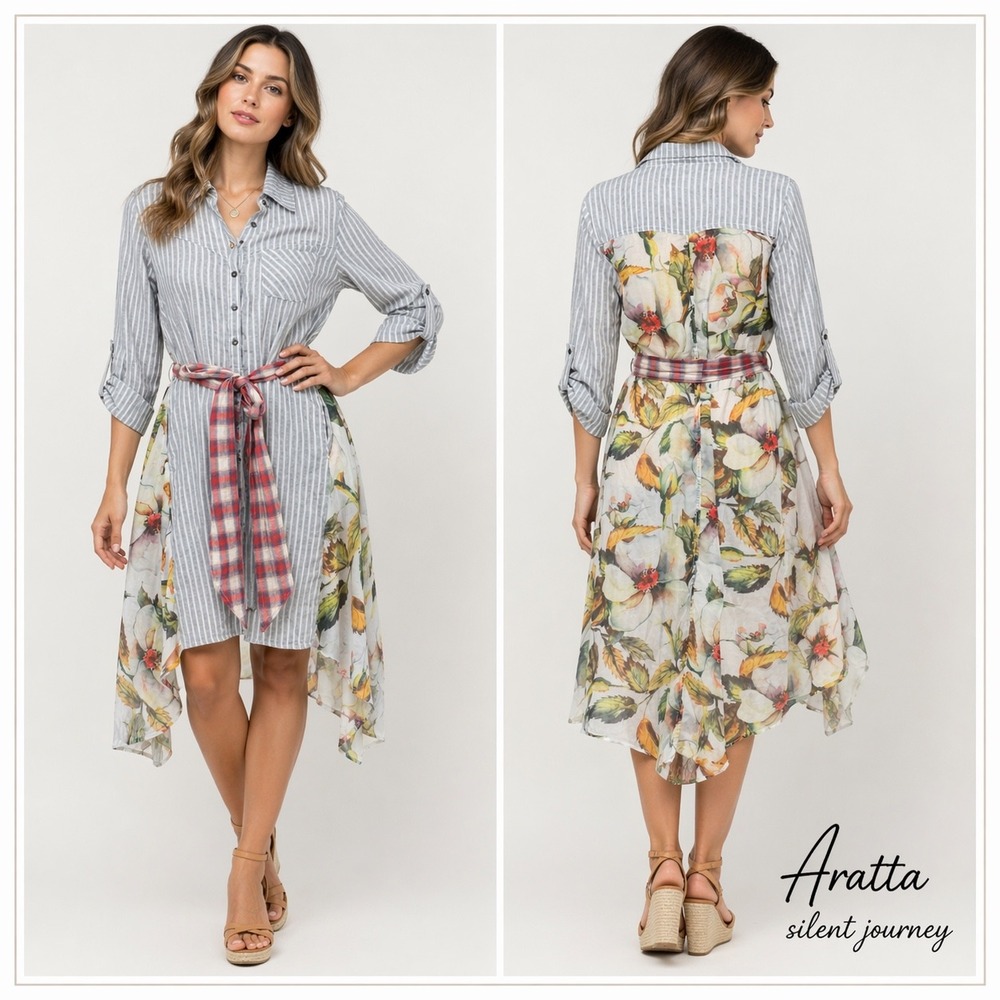 Aratta Silent Journey Shirt Dress Womens Small Blue Striped Floral Boho‎ Coastal